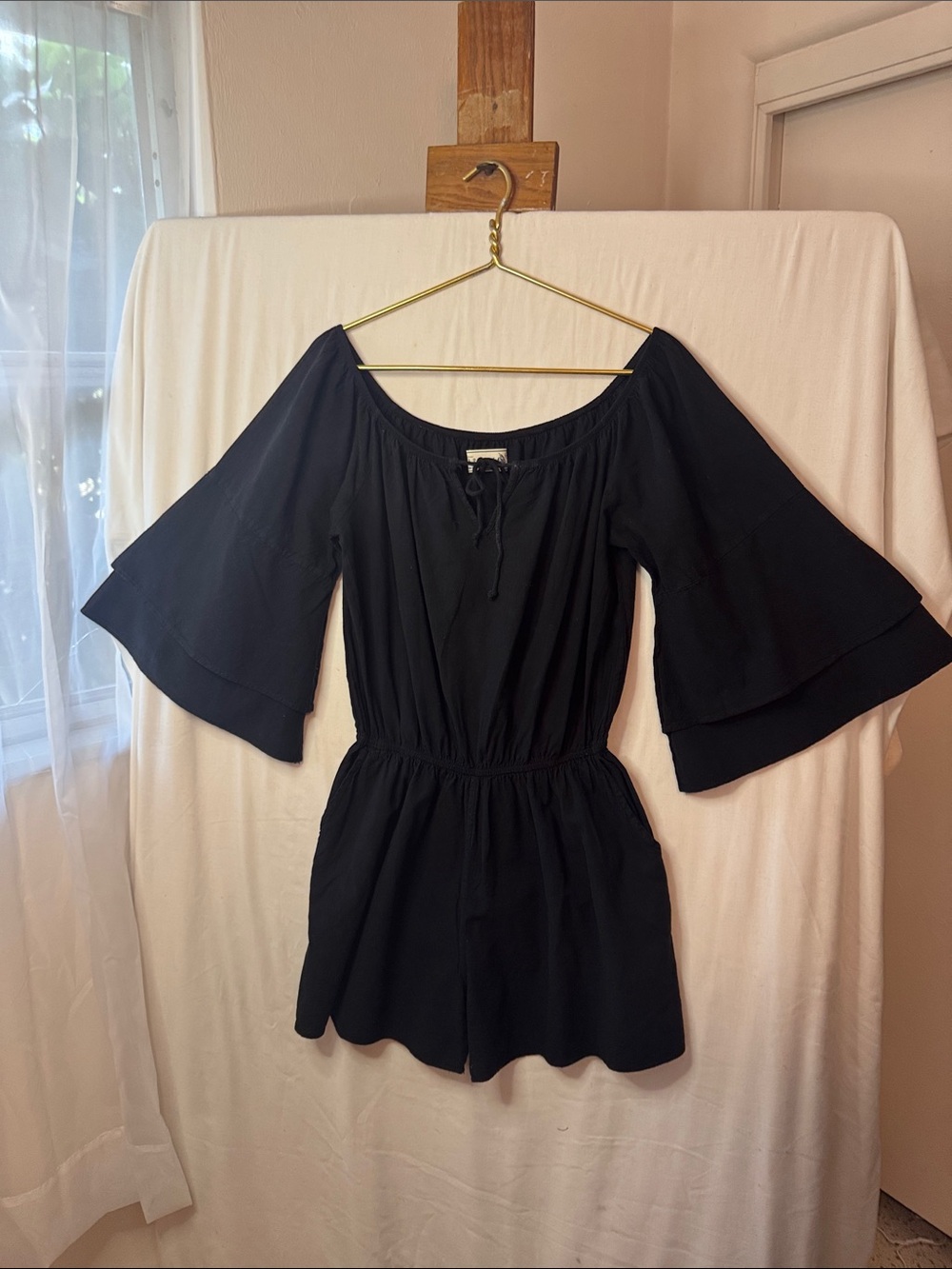 100% cotton Black Off-Shoulder Bell Sleeve Romper